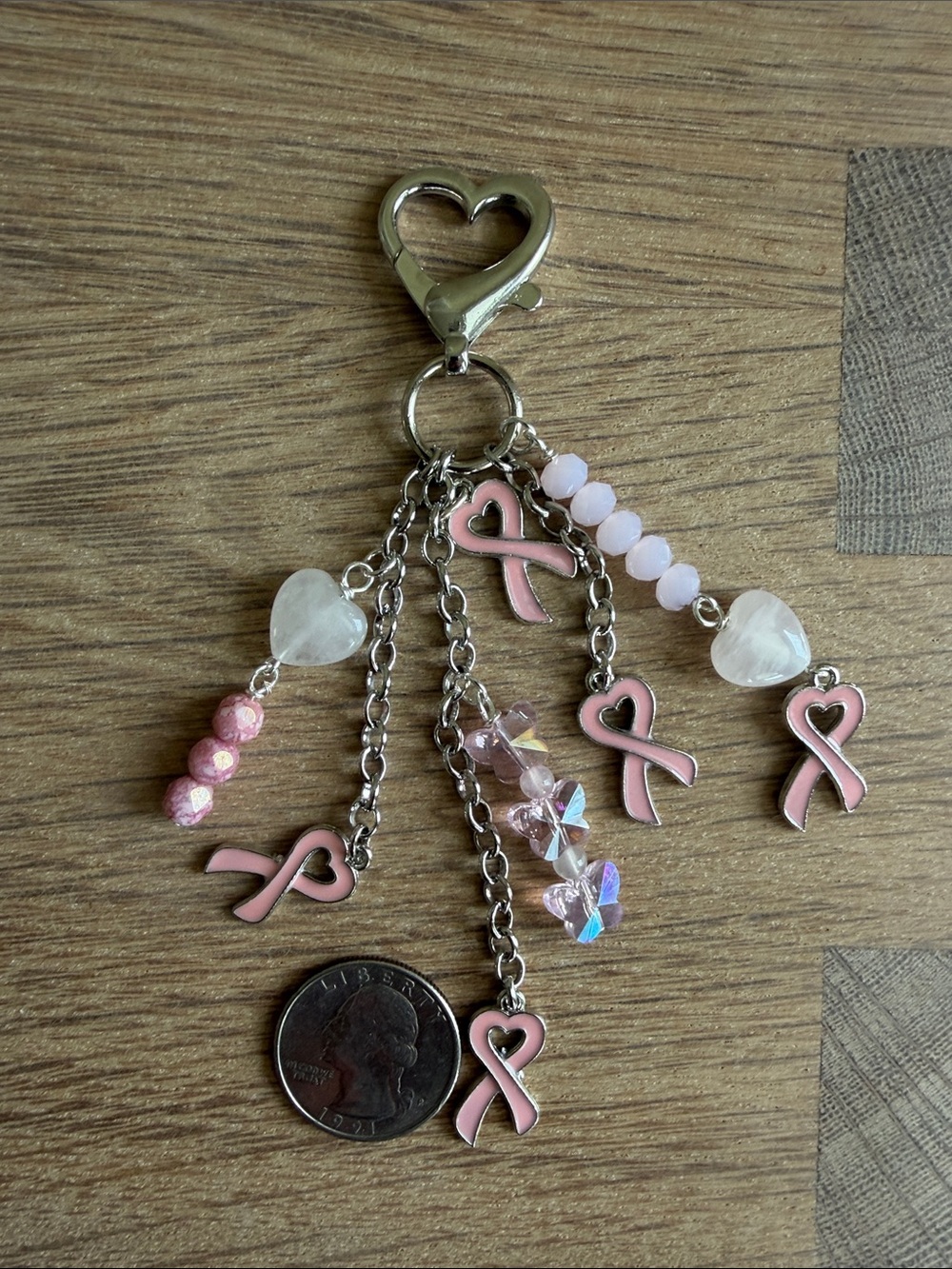 HAND CRAFTED BREAST CANCER AWARENESS BAG CHARM Pink Ribbon Purse Clip Key Chain - Picture 7 of 8